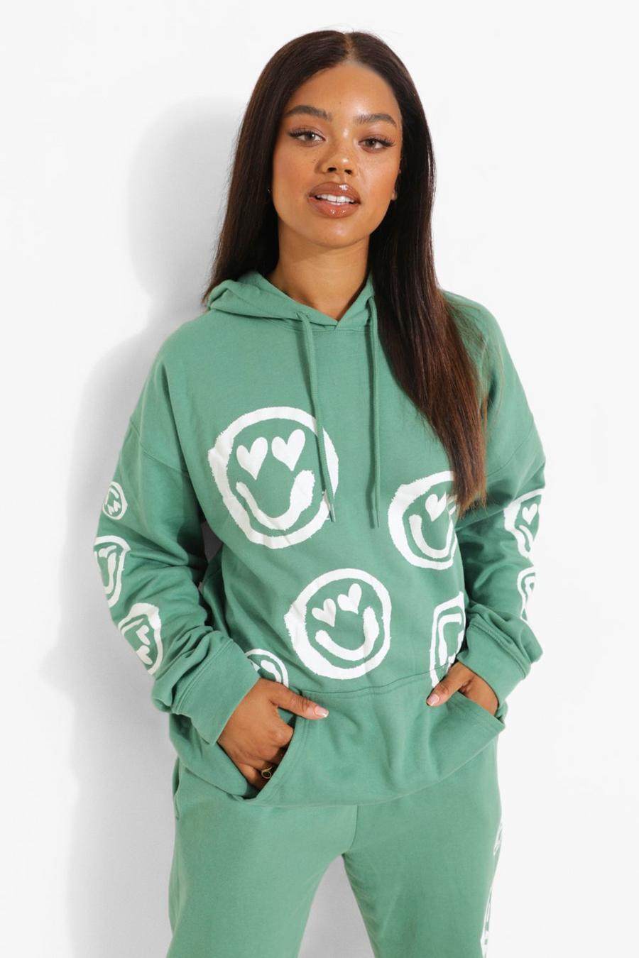 Dark green Oversize hoodie med smileys image number 1