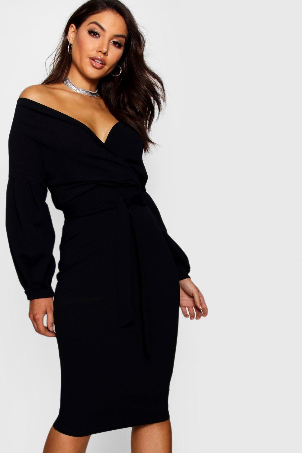 Boohoo off shoulder store wrap midi dress