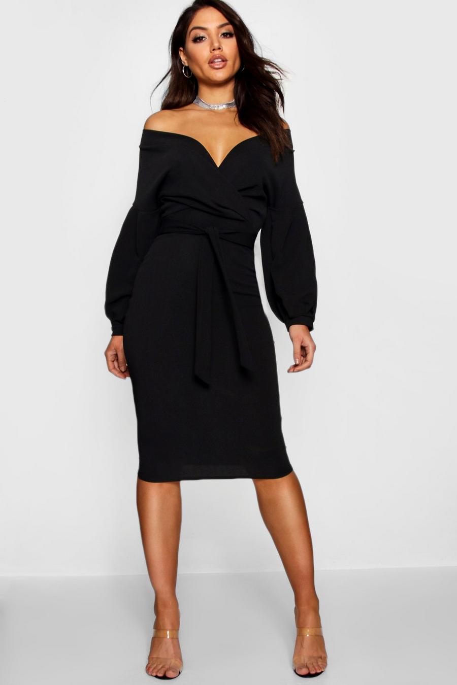 Black Recycled Off The Shoulder Wrap Midi Dress image number 1