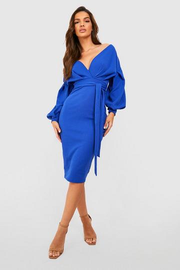 Recycled Off The Shoulder Wrap Midi Dress cobalt