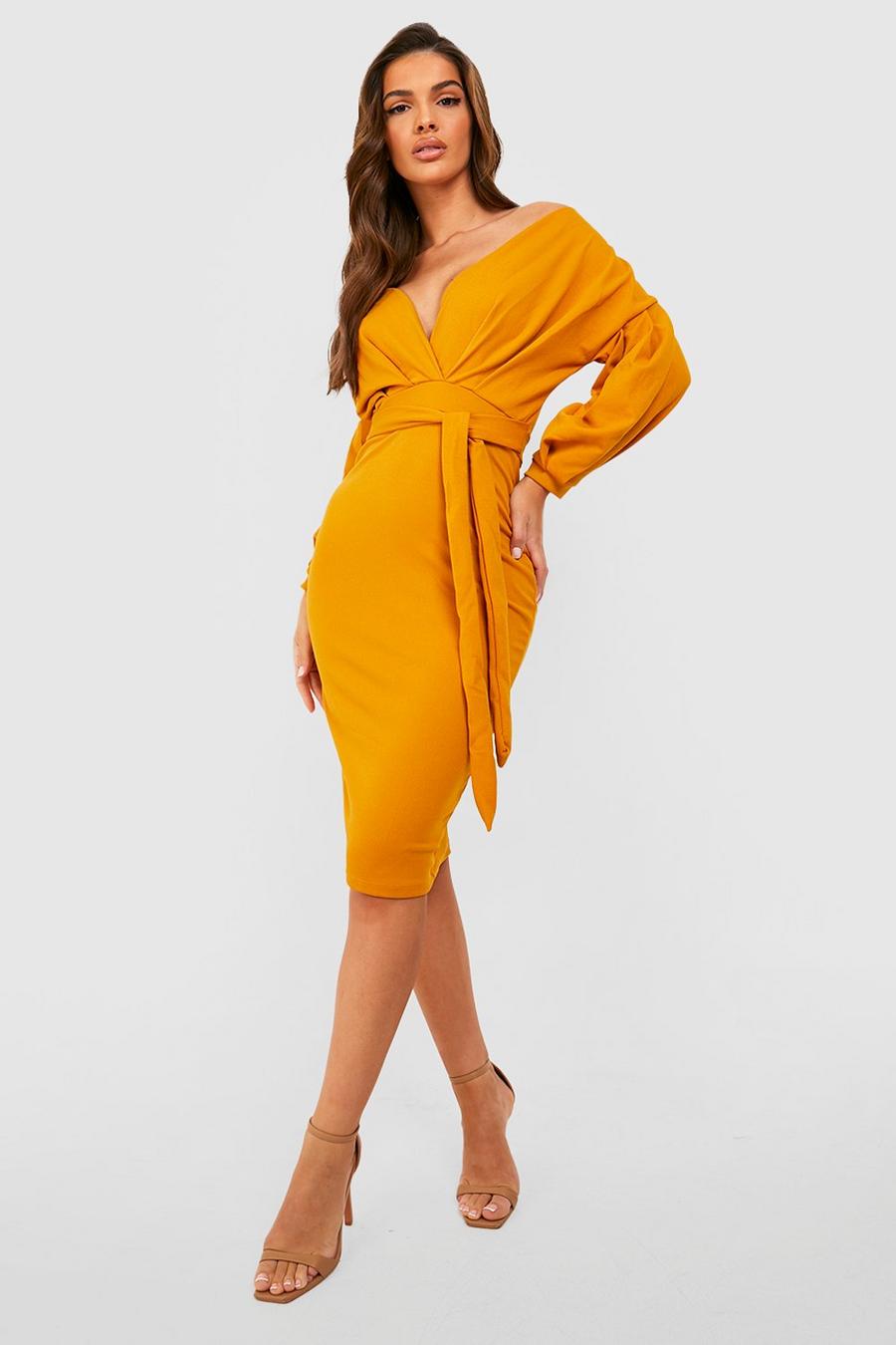 Desert sand orange Recycled Off The Shoulder Wrap Midi Dress