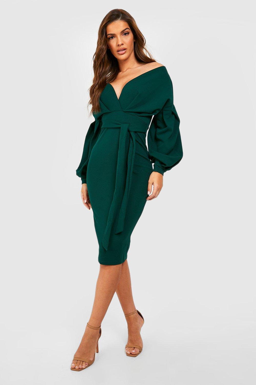 Off shoulder best sale wrap midi dress