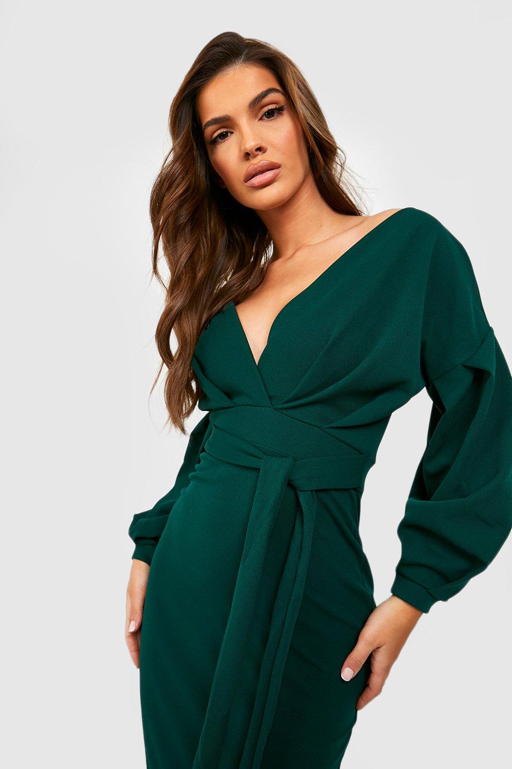 Boohoo off the shoulder wrap clearance midi dress