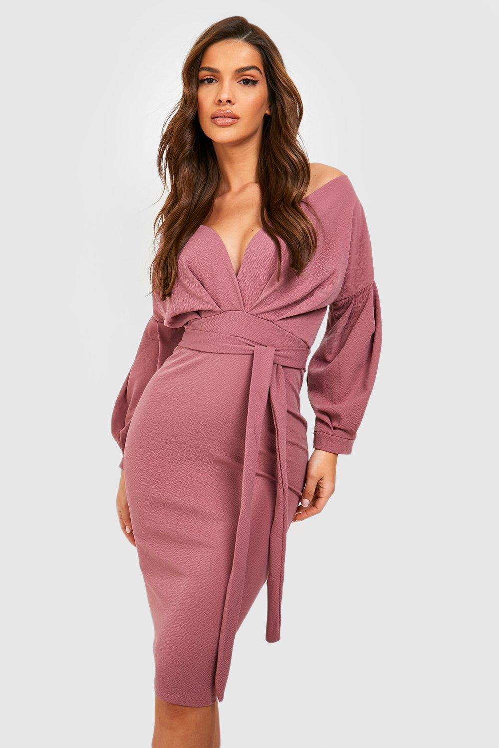 Off shoulder wrap clearance skirt midi dress boohoo