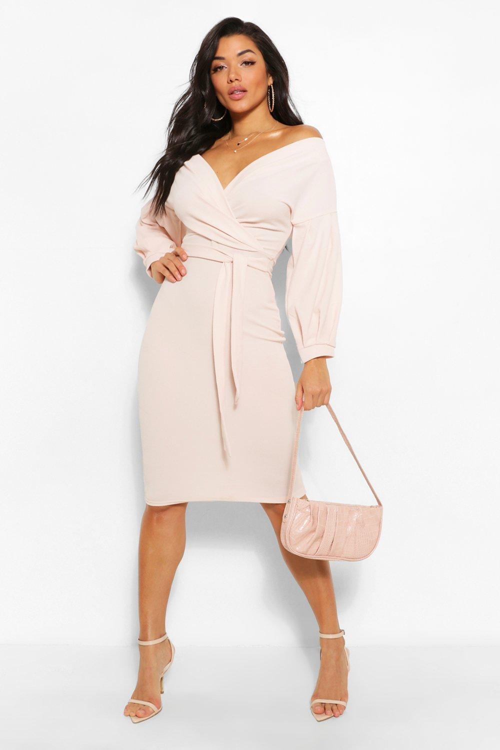 Off the shoulder wrap 2025 midi dress boohoo review