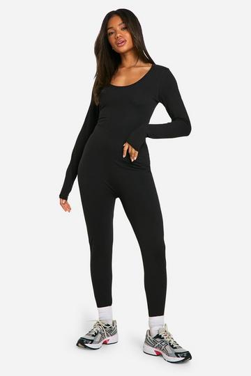 Black Basic Long Sleeve Scoop Neck Unitard