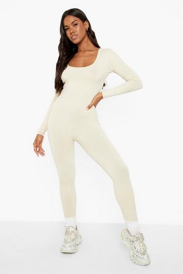 Stone Beige Basic Long Sleeve Scoop Neck Unitard