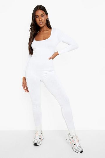 Basic Long Sleeve Scoop Neck Unitard white