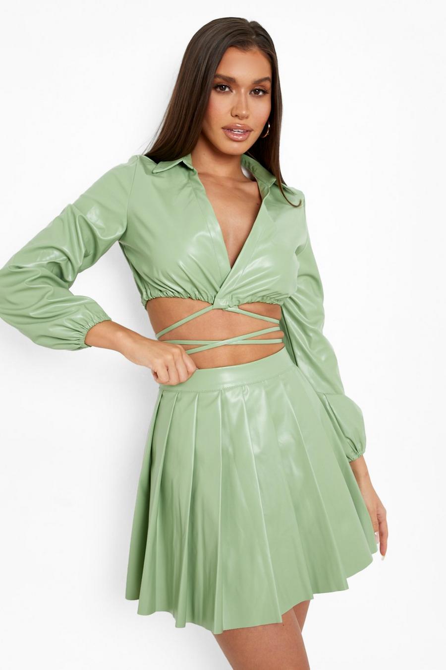 Sage green Faux Leather Volume Sleeve Wrap Shirt