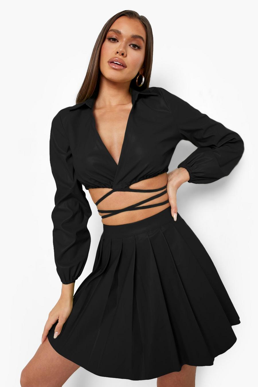 שחור negro חצאית טניס מיני במראה עור עם קפלים 