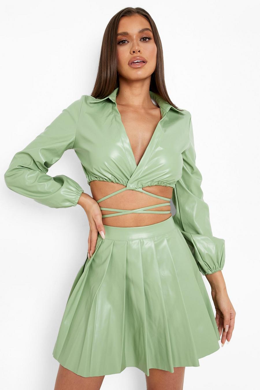 Sage Faux Leather Pleated Tennis Skirt image number 1