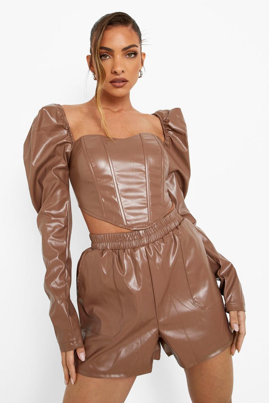 Chocolate Faux Leather Volume Sleeve Corset image number 1