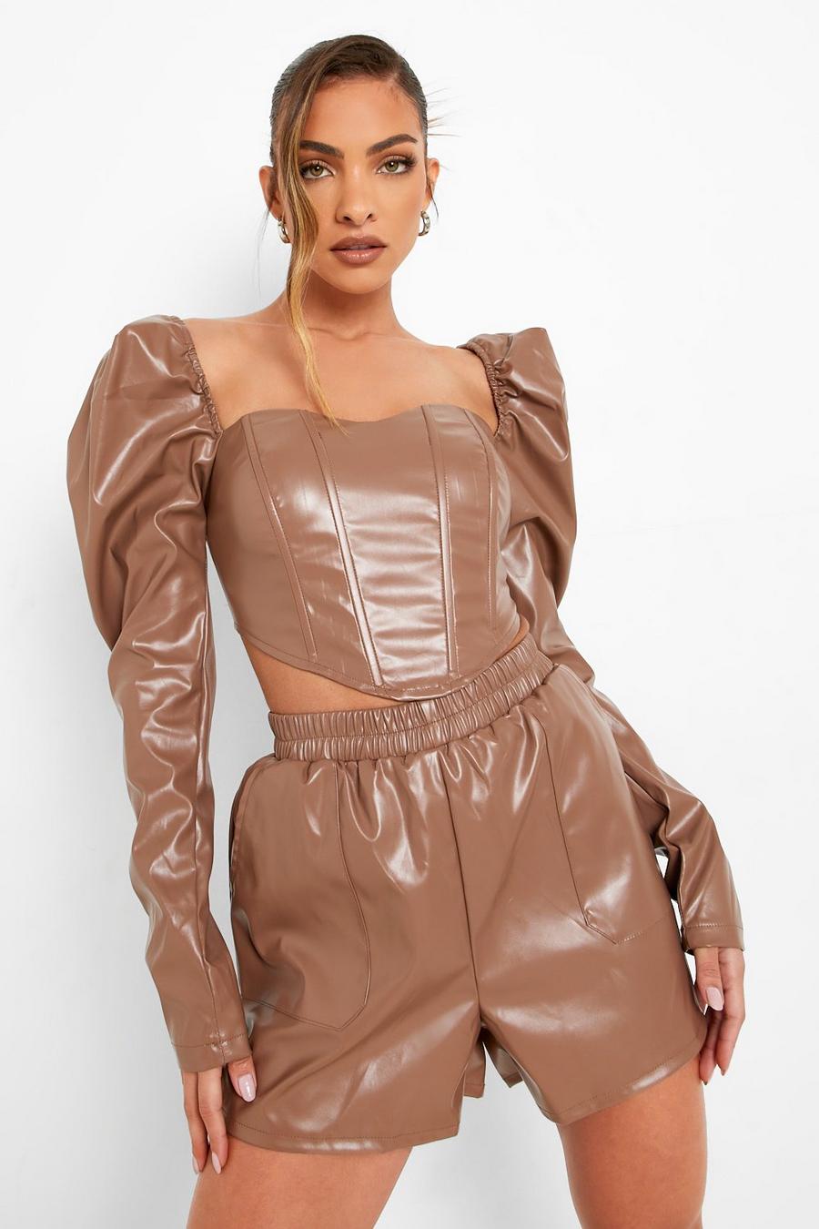 Top a corsetto effetto pelle con maniche ampie, Chocolate image number 1