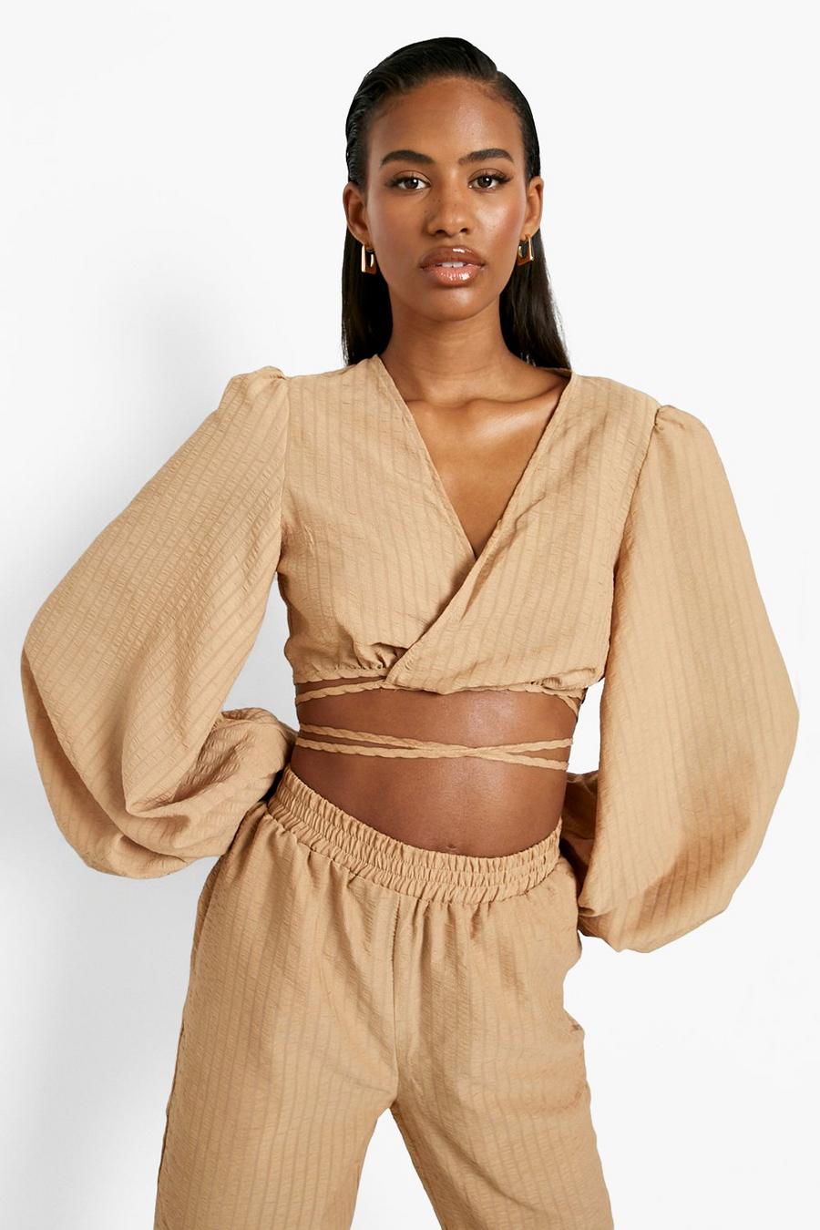 Camel Textured Tie Waist Puff Sleeve Blouse image number 1