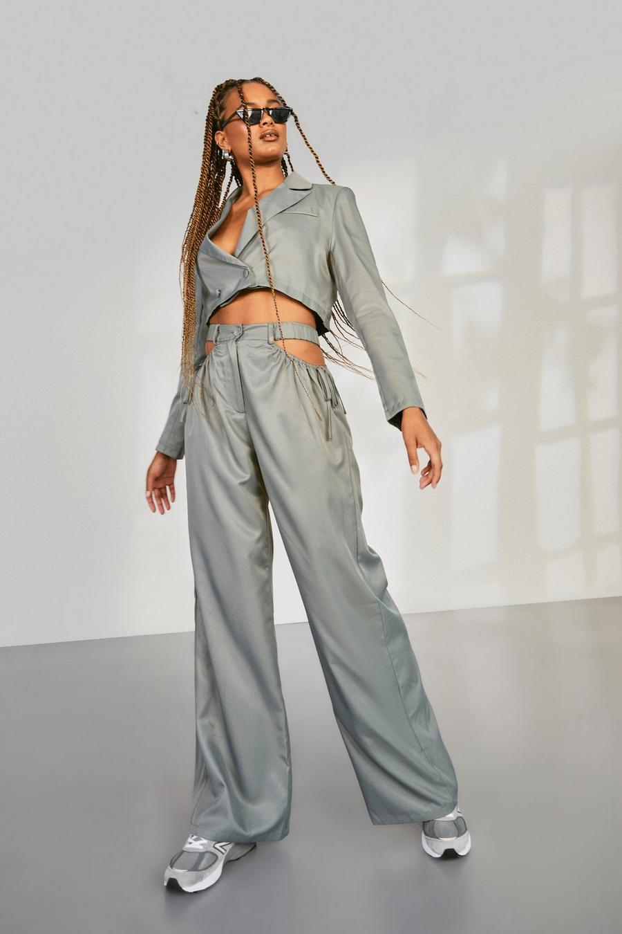 Grey Cut Out Side Slouchy Wide Leg Trousers image number 1