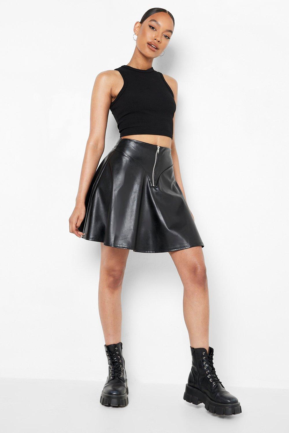 Zip Pu Detailed Panel Skater Skirt