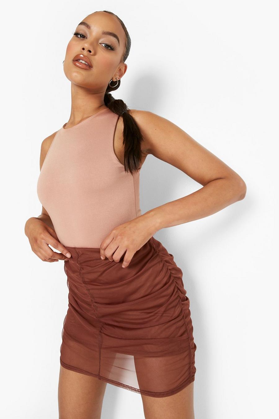 Coffee brown Mesh Ruched Mini Skirt image number 1