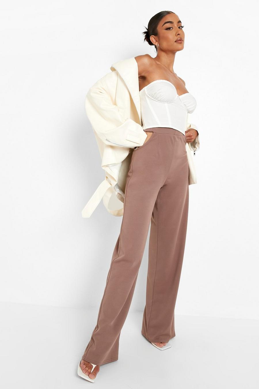 Coffee Cut Out Waist Crepe Wide Leg Pants image number 1