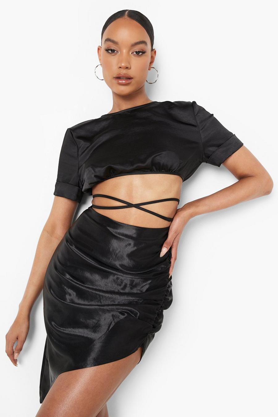 Black Asymmetric Gathered Side Satin Midi Skirt image number 1