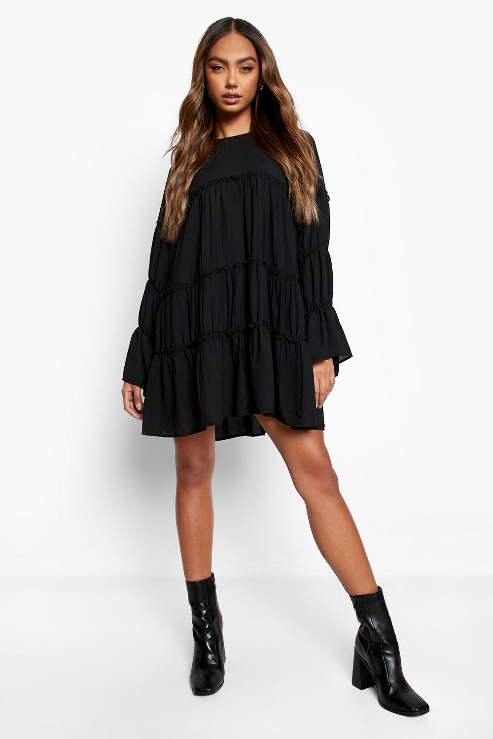 Boohoo black smock store dress