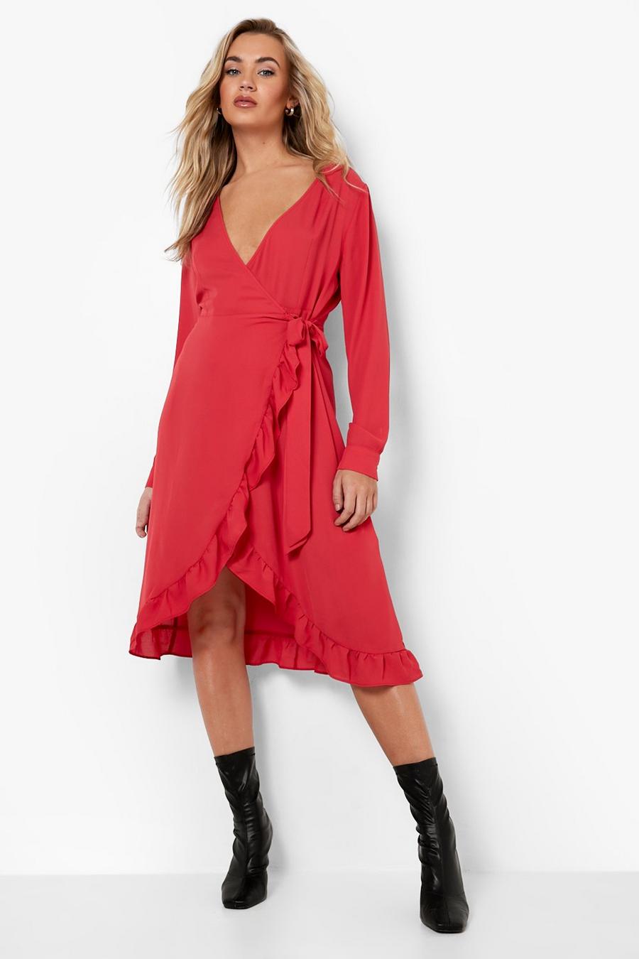 Berry rouge Long Sleeve Ruffle Wrap Midi Tea Dress