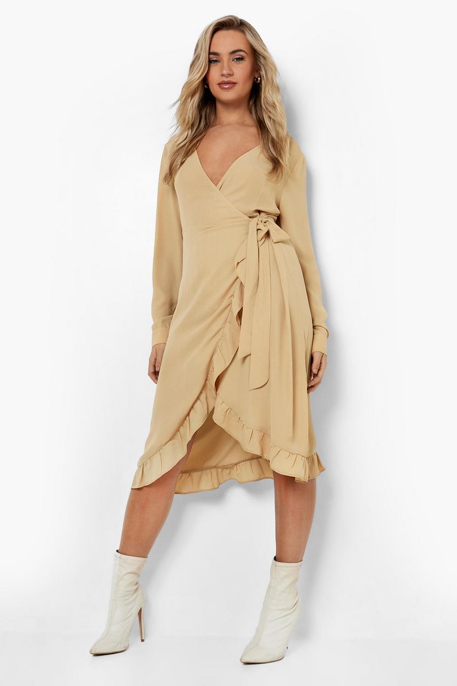 Stone beige Long Sleeve Ruffle Wrap Midi Tea Dress image number 1