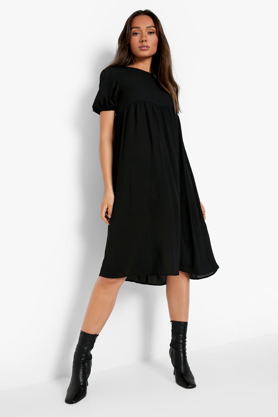 Black Puff Sleeve Midi Smock Dress