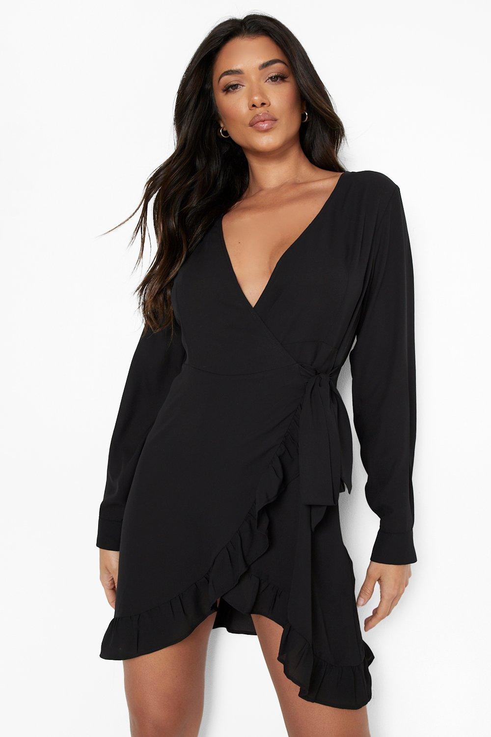 Boohoo black ruffle store dress