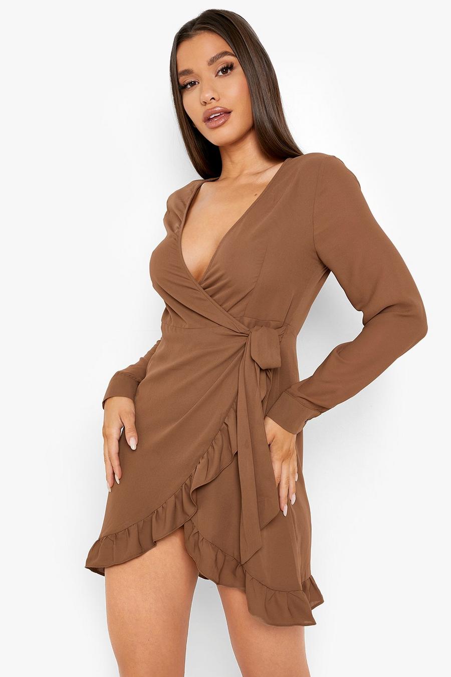 Chocolate brown Long Sleeve Ruffle Wrap Tea Dress