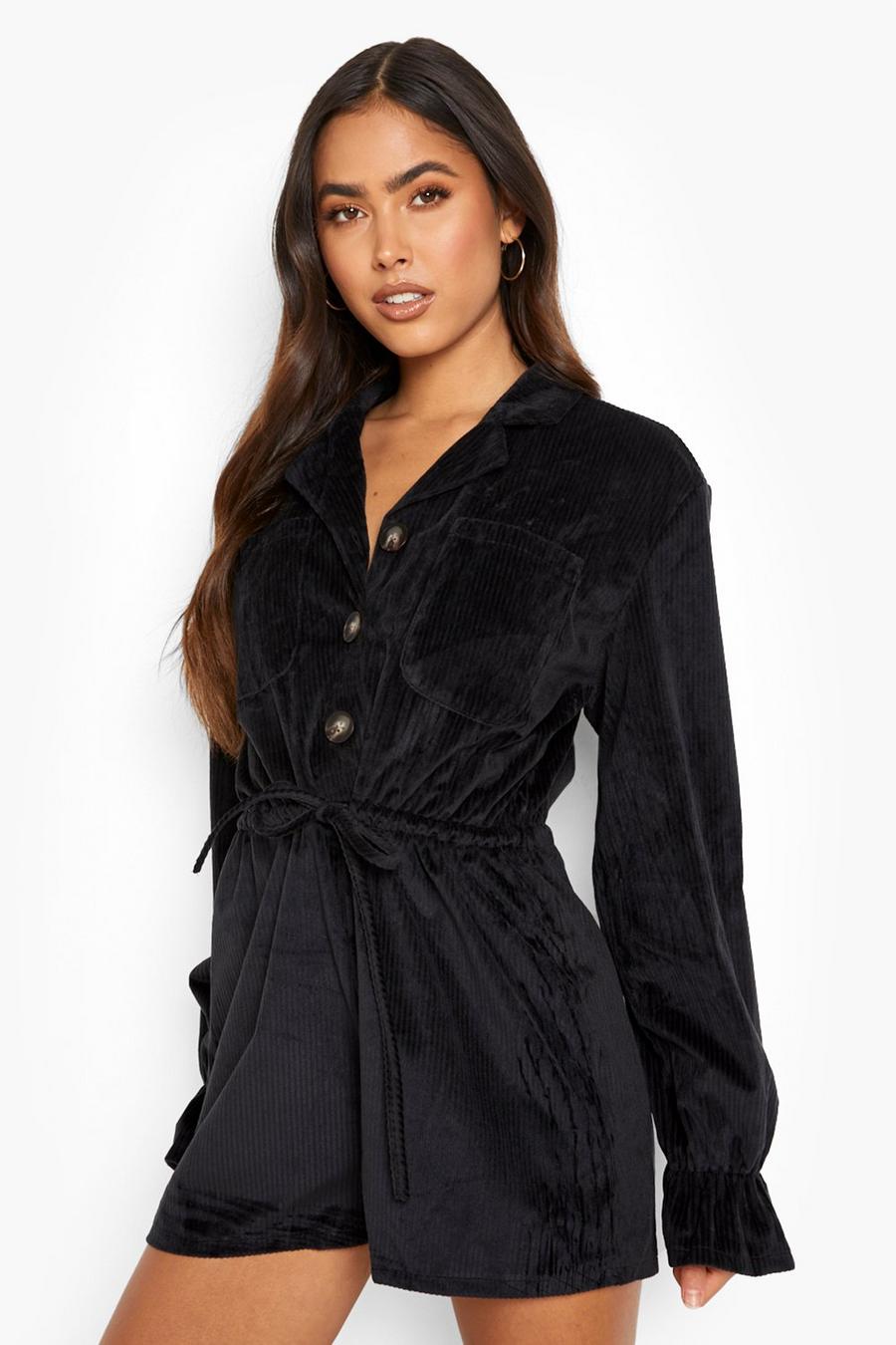 Black Corduroy Oversized Button Down Playsuit image number 1