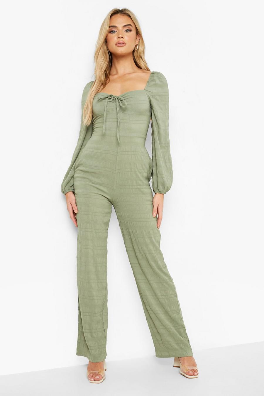 Green Textured Long Sleeve Wide Leg Jumpsuit image number 1
