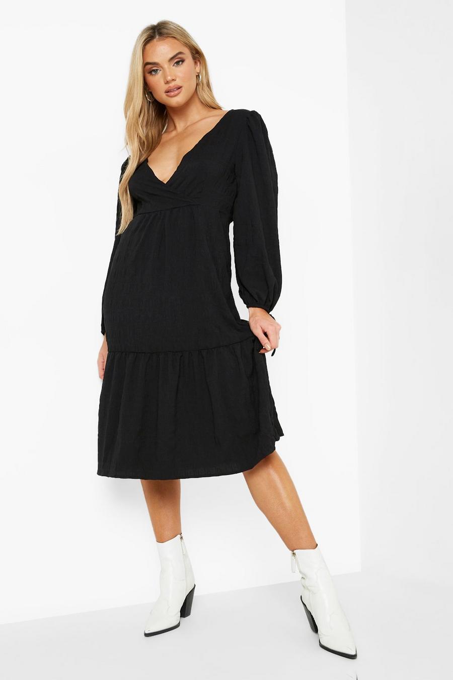 Black Textured Long Sleeve Midi Dress image number 1