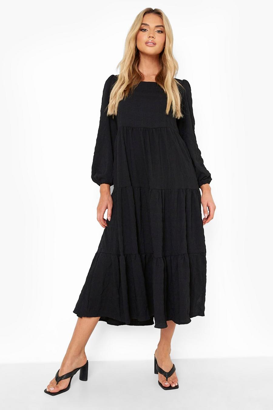 Black Textured Long Sleeve Tiered Midaxi Dress image number 1