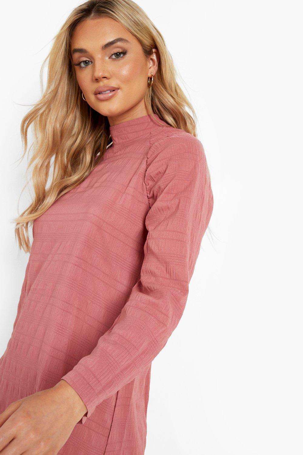 Women s Textured Long Sleeve Shift Dress Boohoo UK