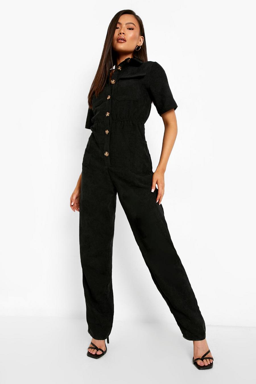 Black Corduroy Button Down Collared Jumpsuit image number 1