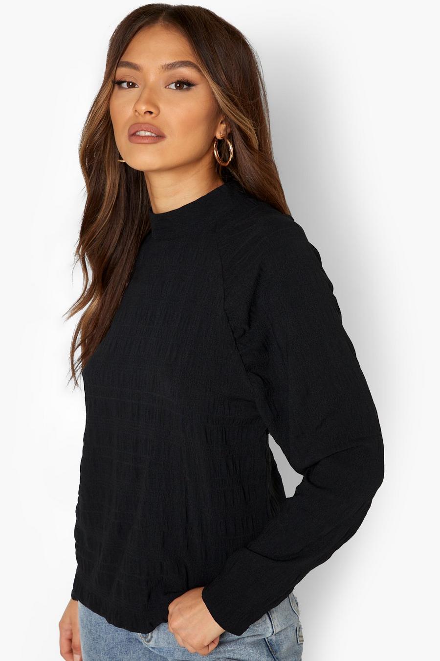 Black Textured High Neck Long Sleeve Top image number 1
