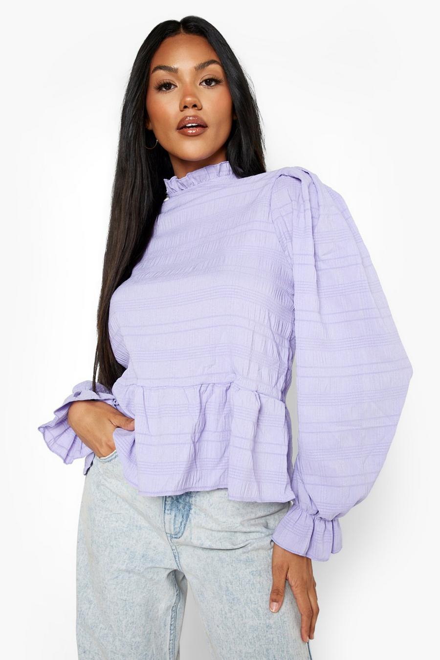 Lilac Textured Long Sleeve Frill Neck Peplum Top image number 1