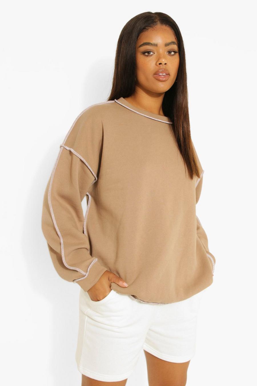 Taupe Oversized Trui Met Contrasterende Stiksels image number 1