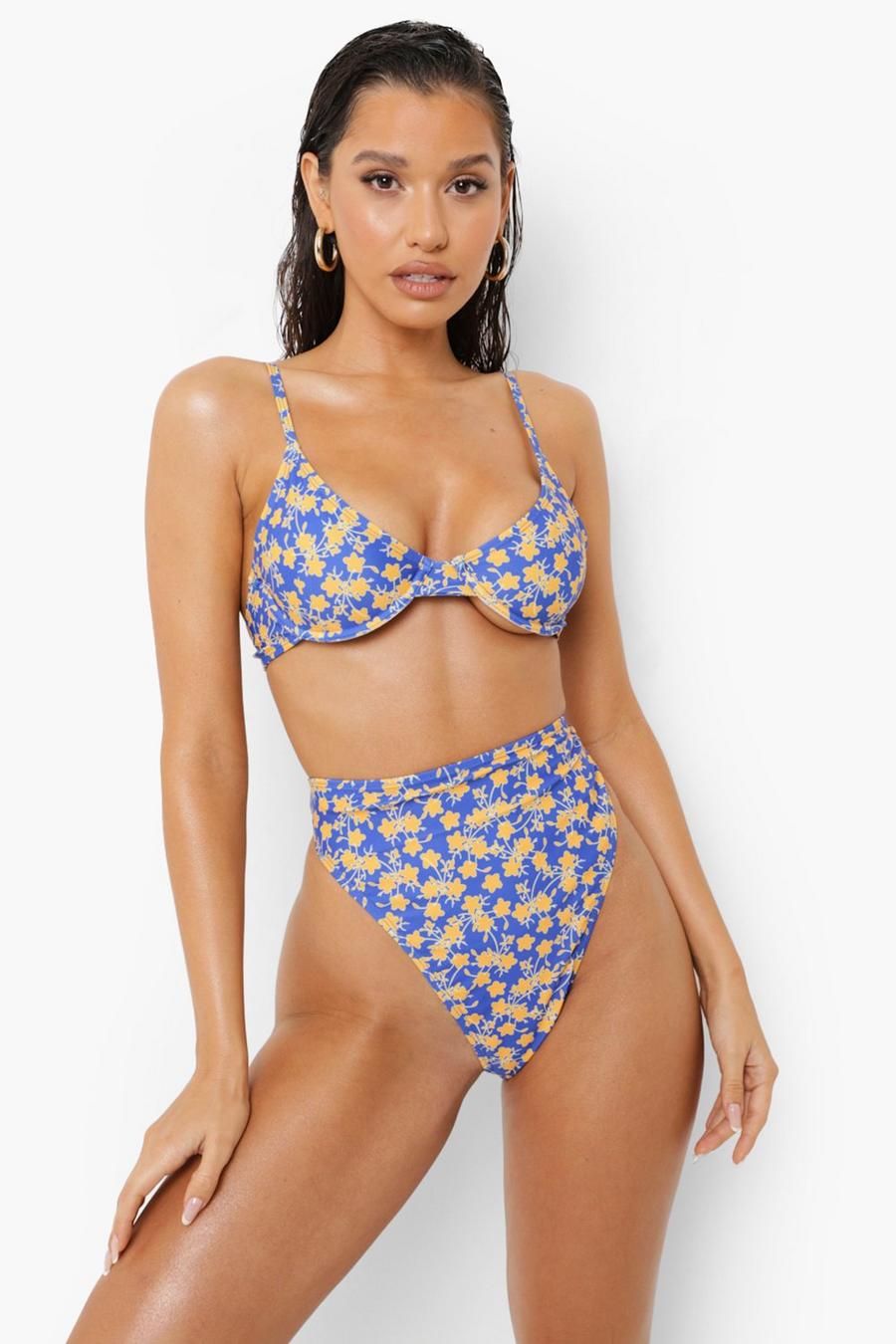 Blue Blommig bikinitrosa med hög midja image number 1