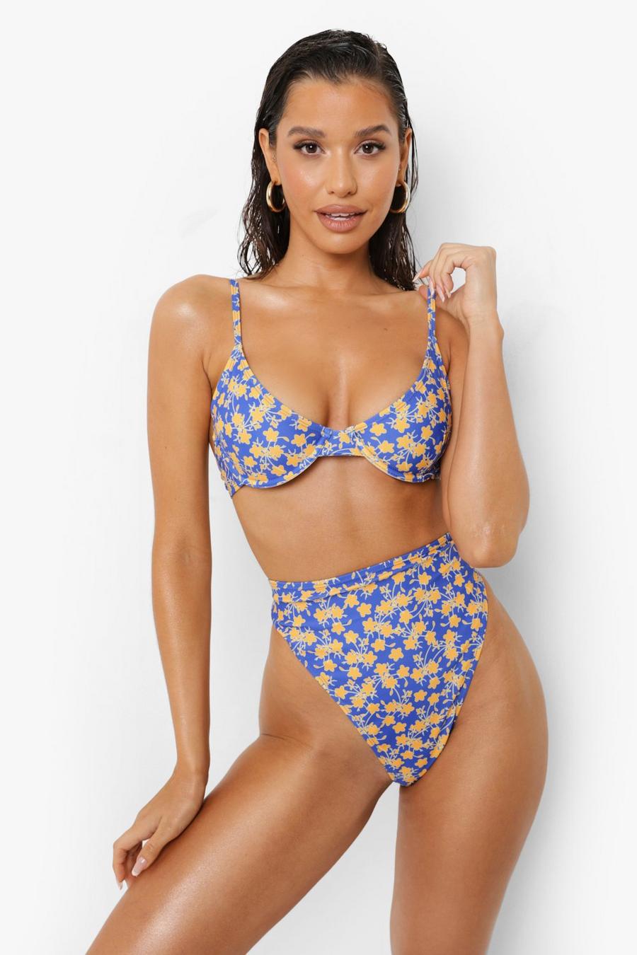 Blue Floral Underbust Bikini Top