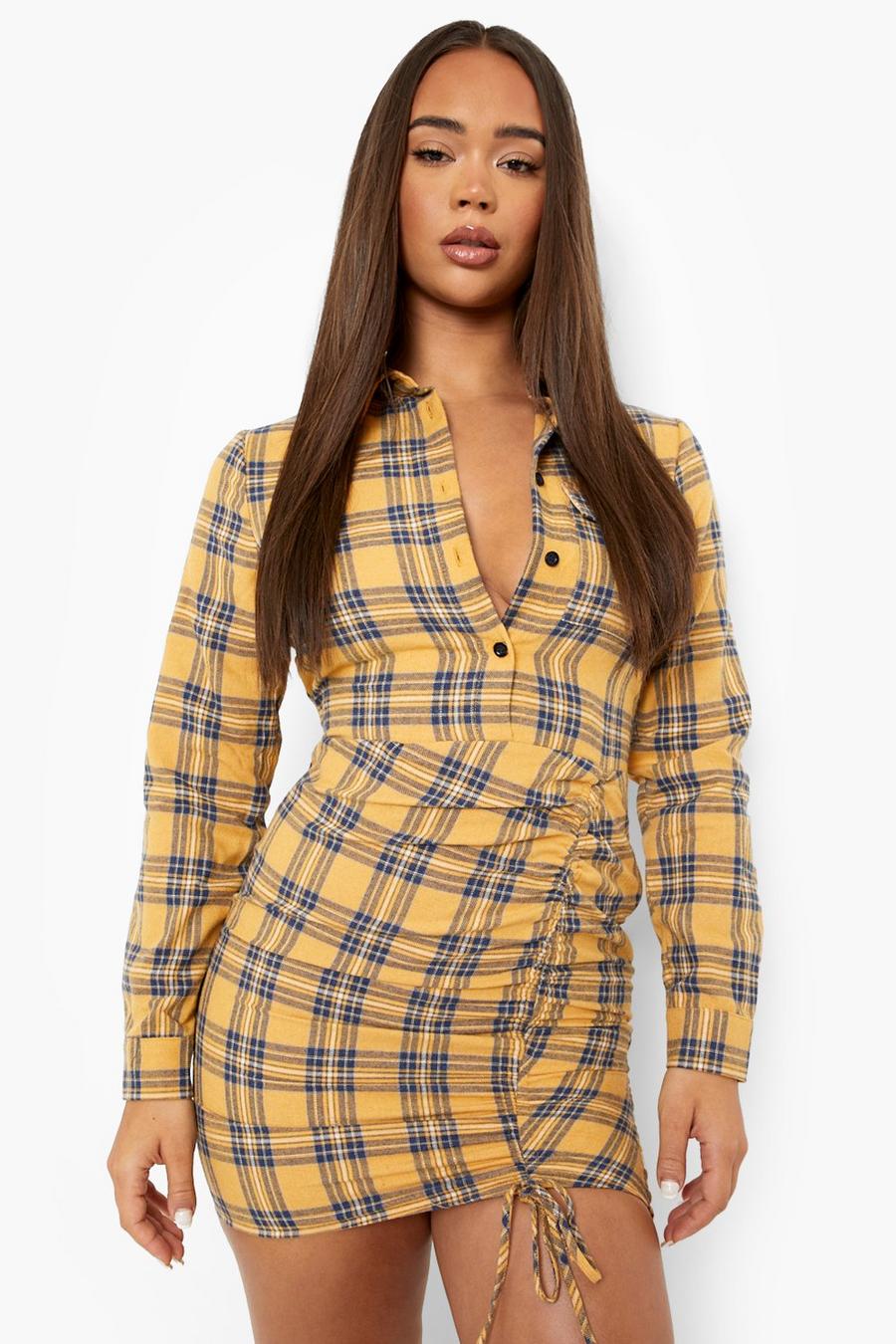 Mustard Rouched Fitted Flannel Shirt Dress image number 1