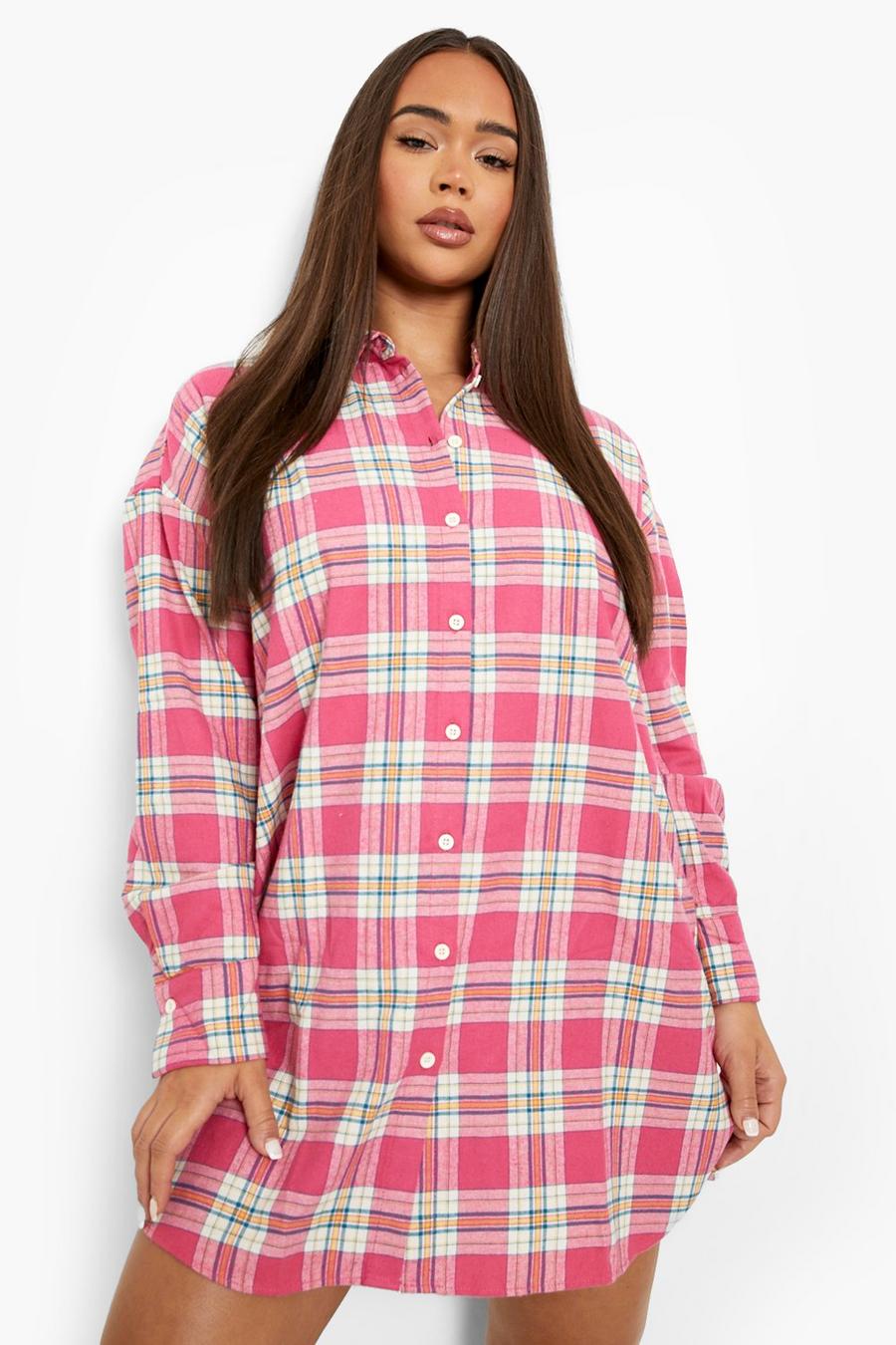 Hot pink Oversize rutig skjortklänning image number 1