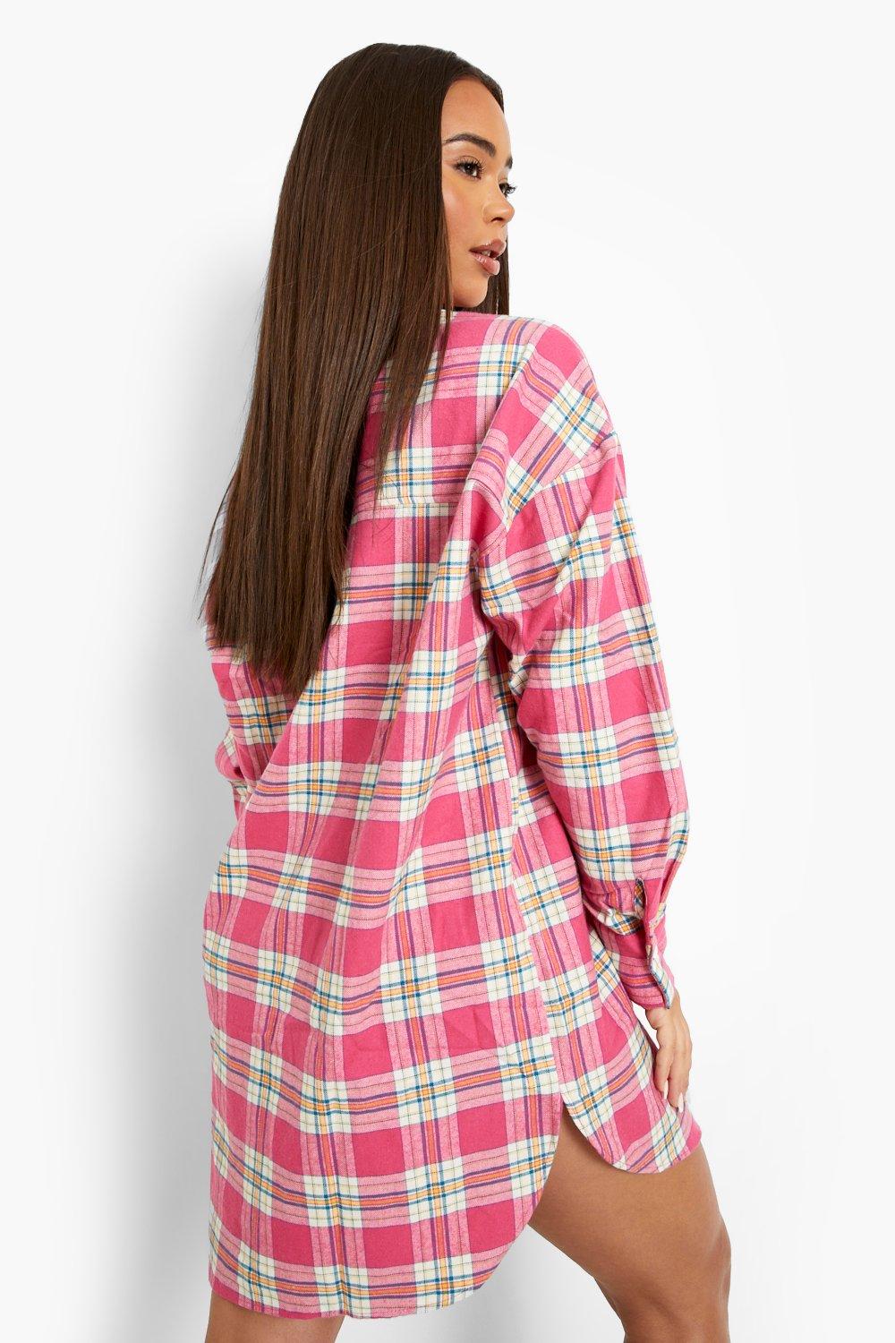 pink plaid shirt dress