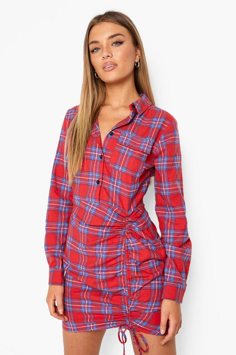 Red Ruched Fitted Flannel Shirt Dress image number 1
