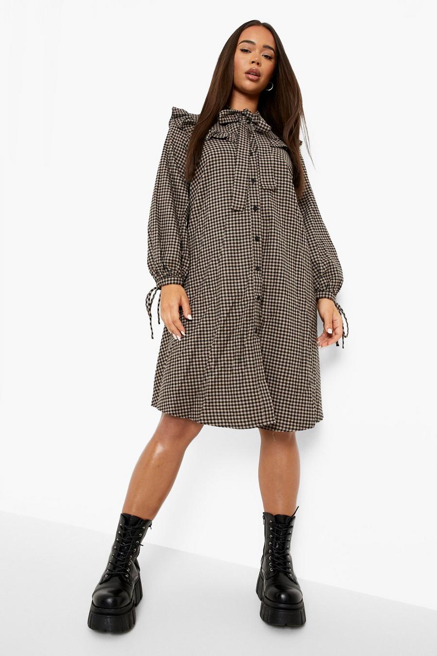 Brown Ruffle Pussybow Gingham Midi Smock Dress image number 1