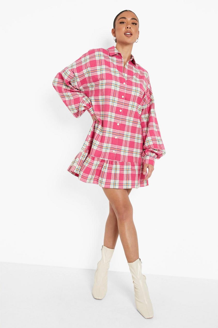 Kariertes Oversize Hemd-Kleid mit Rüschensaum, Hot pink image number 1