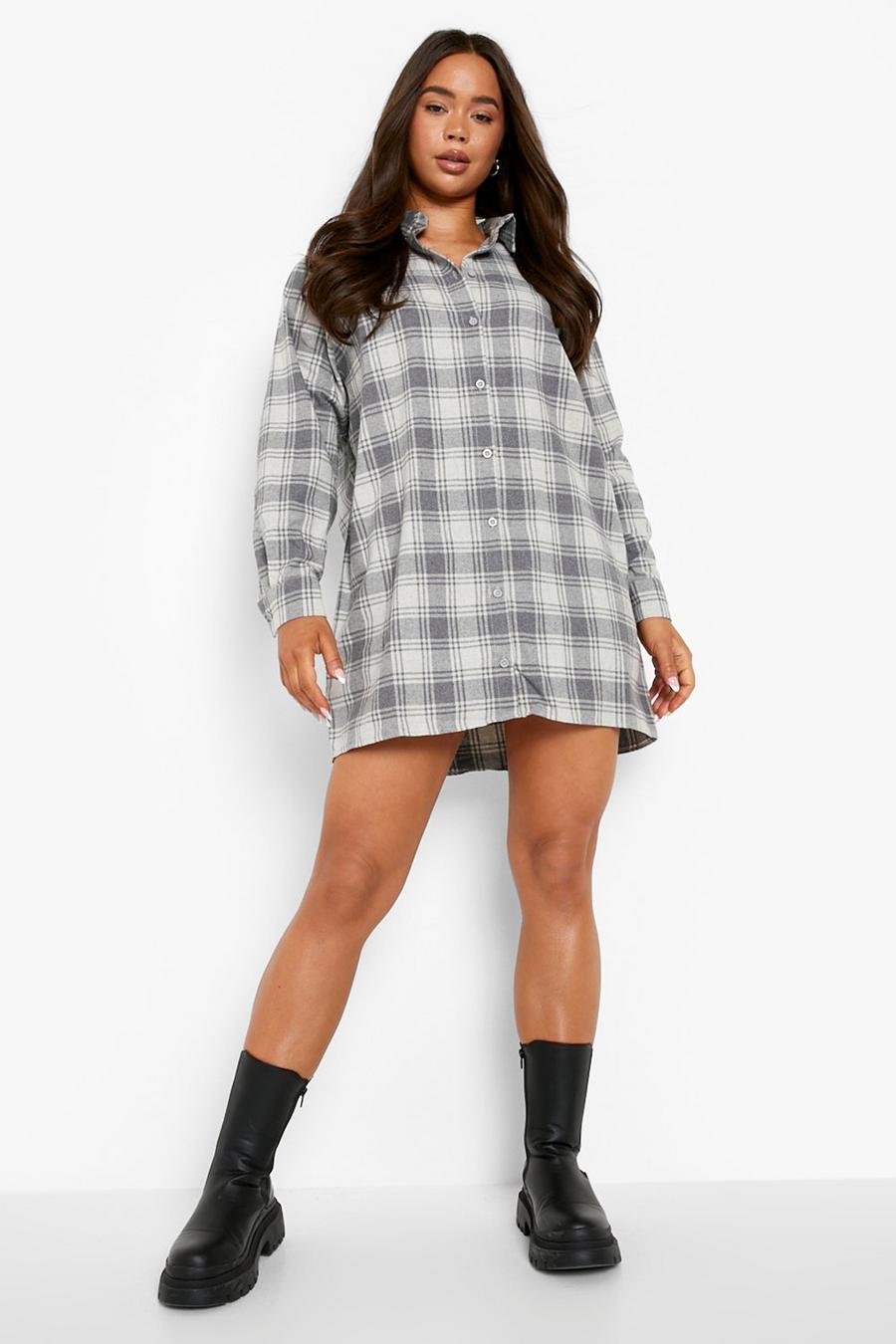 Grey Raglan Sleeve Oversized Check Shirt Dress image number 1