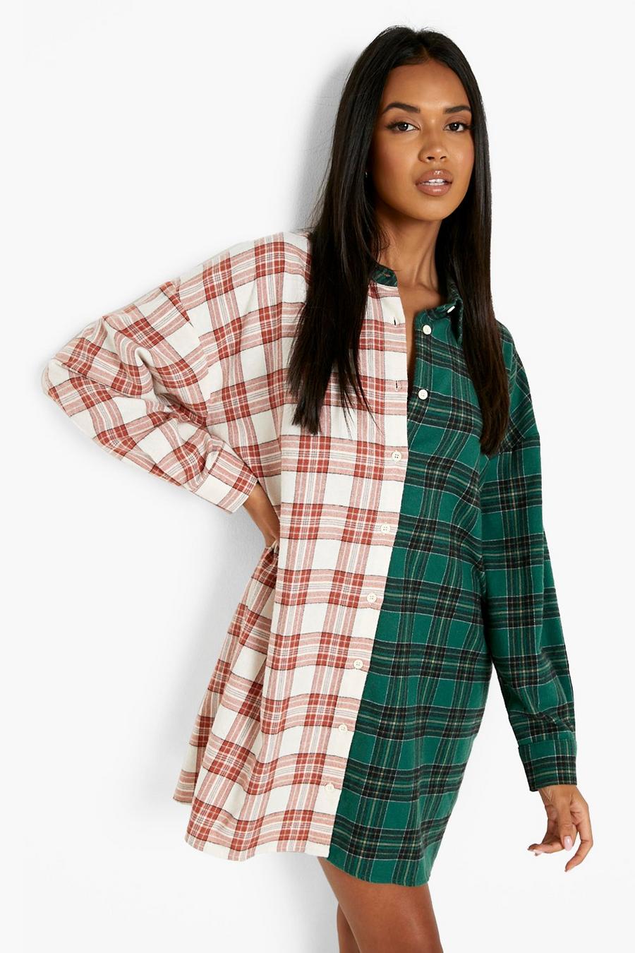 Green Contrast Check Oversized Shirt Dress image number 1