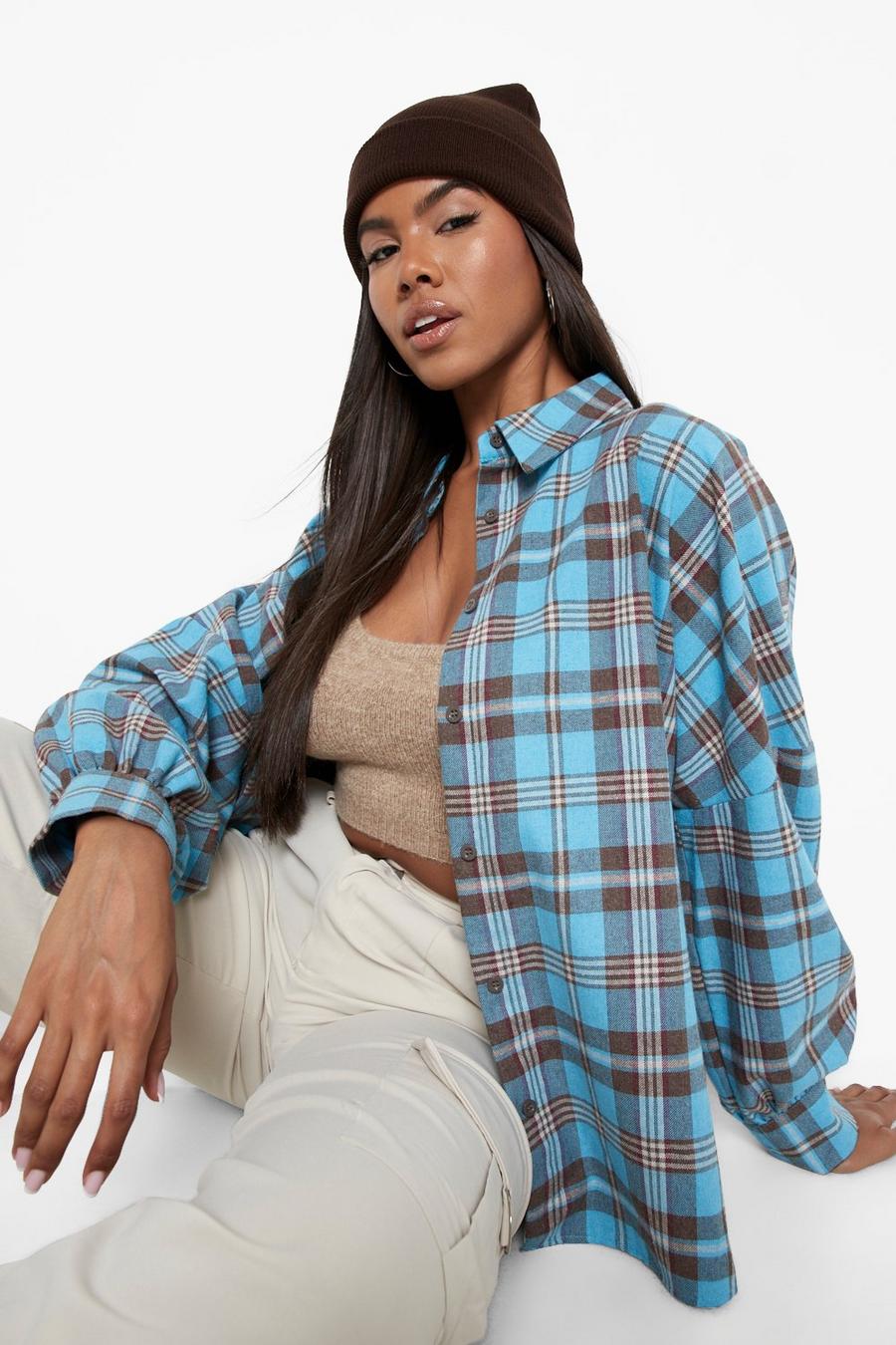 Blue Balloon Sleeve Oversized Flannel Shirt image number 1