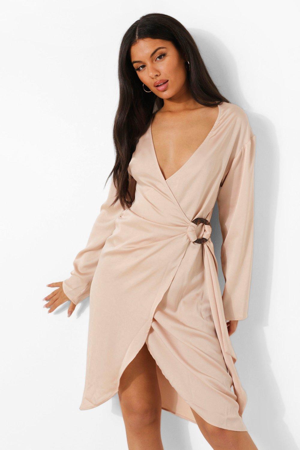 Champagne satin wrap sales dress